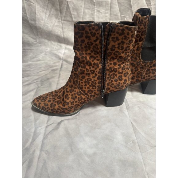 Express Size 8 1/2 Cheetah Print Block Heel Boots Brown Zip Ankle - Picture 3 of 4